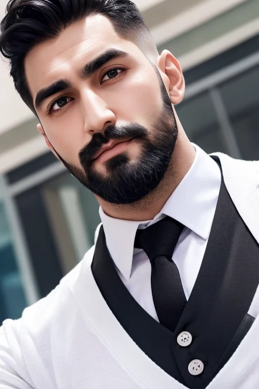 a handsome giant muscle azerbaijani man short black hair short beard with front bang cover his forehead wearing a white button shirt black pants, closeup shot