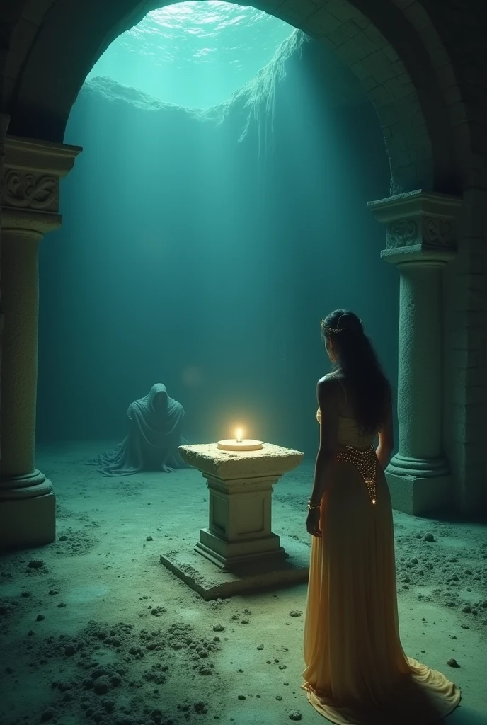 Panoramic photos of a woman with brown hair from behind advancing a brazier on the skeleton floor and in front of her a protective bright light that directs and protects her