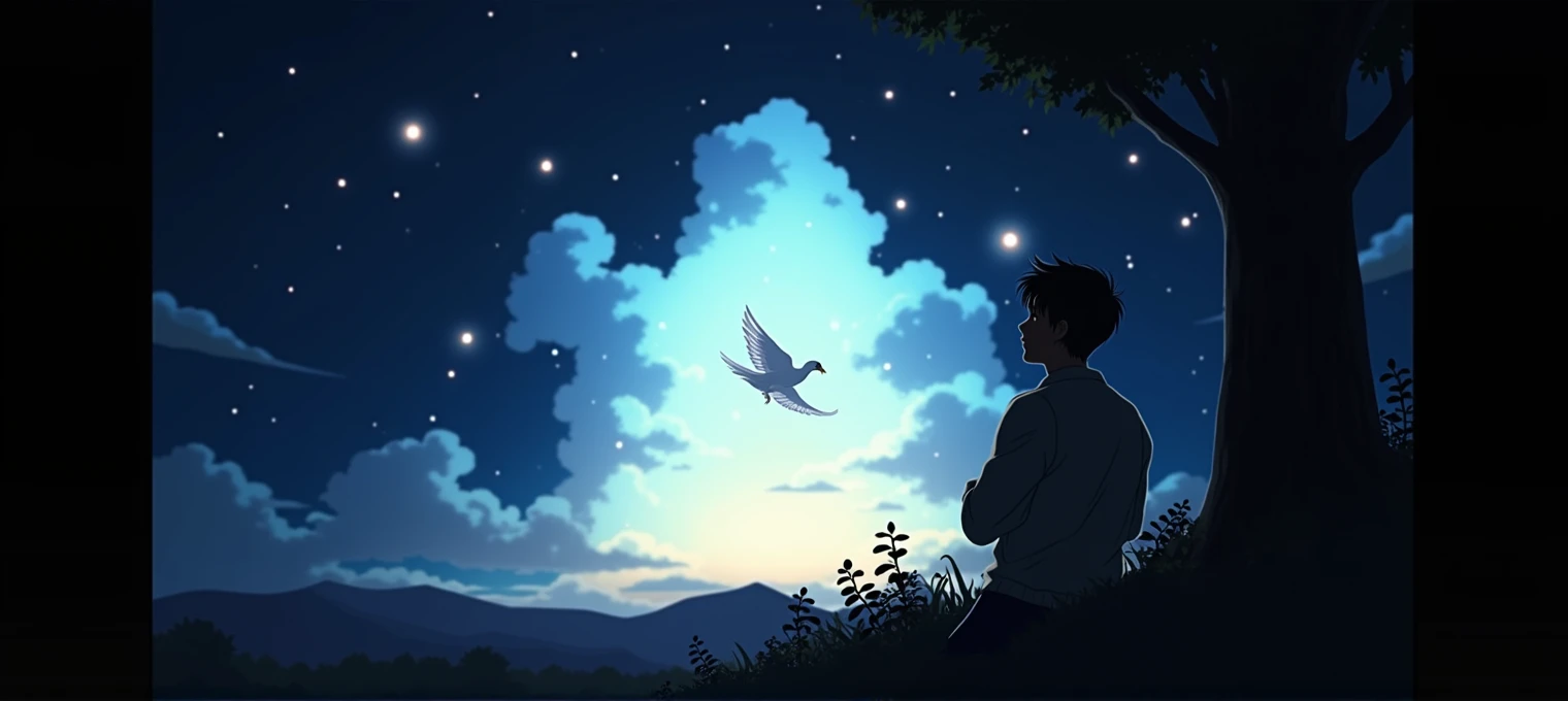 [Core Concept] A dreamlike, vibrant, and meticulously detailed illustration inspired by the style of Hayao Miyazaki, featuring a serene nighttime scene with a swooping magpie amidst a starry sky.

[Character Description] In the foreground, a man leans against a peach tree, his presence adding a sense of tranquility and contemplation to the scene.

[Environment/Background] The background is a breathtaking blend of soft pink and purple hues, creating a surreal and enchanting atmosphere. The white magpie gracefully soars through the night sky, surrounded by twinkling stars.

[Style and Atmosphere] Executed with a high level of artistic sophistication, the illustration evokes the whimsical and imaginative qualities of Hayao Miyazaki's iconic anime style, infusing the scene with a dreamlike and captivating ambiance.

[Composition] The composition utilizes the technique of a vanishing point, drawing the viewer's eye into the depth of the scene and creating a sense of depth and perspective.

[Details and Embellishments] Delicate floral elements in the foreground add a touch of natural beauty, while the vivid, high-saturation colors and attention to fine details throughout the illustration contribute to its visually striking and immersive quality.

[Technical Specifications] The image is rendered in 8K resolution, with a vibrant, high-contrast color palette in the RGB color space, resulting in a breathtaking, high-fidelity visual experience.