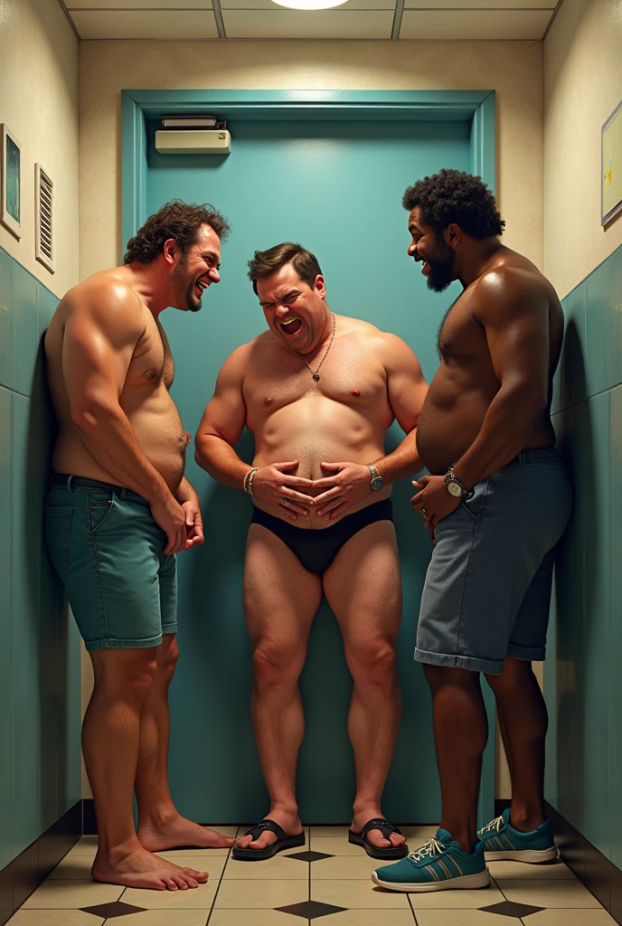 (There are three people desperate to pee banging on the bathroom door.), (three men), (three people), (((clutching their crotches))), (((One Adam Hicks banging on the bathroom door))), (urine visible), (((Jack Black clutching both hands around his crotch))), (((cracked teeth, desperate))), (((Kenan Thompson clumping his legs in desperation)))