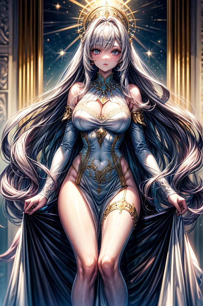 ((best quality)), ((masterpiece)), (detailed), beautiful young woman, royal and well defined facial features, alabaster white skin, oval shaped face, starry pink lips, starry pupiled eyes, sleek and wavy two tone astral colored hair, slim thick athletic build, D-cup breasts, slim waist, large round ass, medium height(165cm), modern royal fantasy setting, elegant battle dress