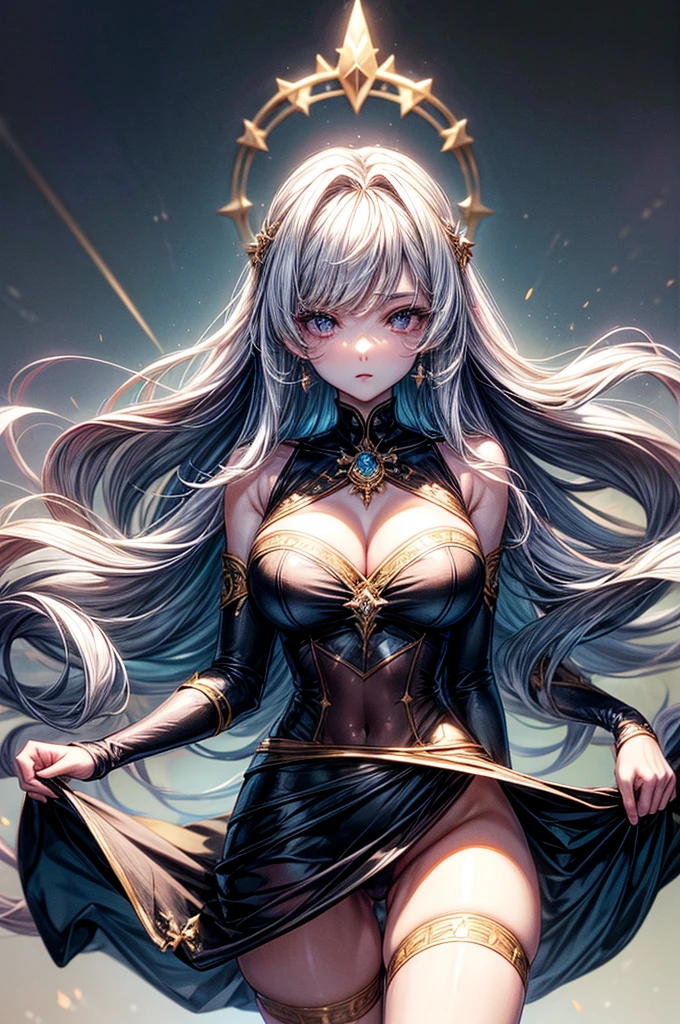 ((best quality)), ((masterpiece)), (detailed), beautiful young woman, royal and well defined facial features, alabaster white skin, oval shaped face, starry pink lips, starry pupiled eyes, sleek and wavy two tone astral colored hair, slim thick athletic build, D-cup breasts, slim waist, large round ass, medium height(165cm), modern royal fantasy setting, elegant battle dress