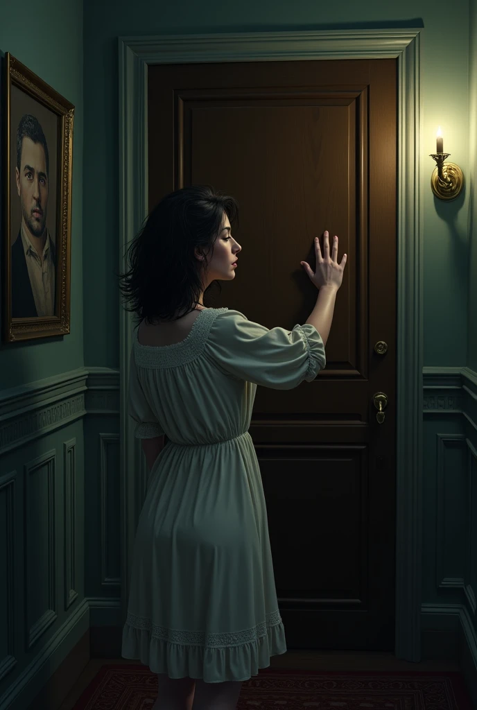 Woman knocking on a bedroom door at night 
