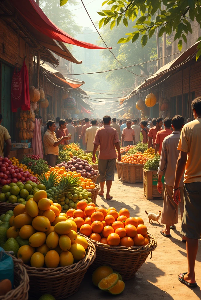 Sure, here are some image generation prompts based on the story about fruits in Bengali culture:
"A vibrant Bengali market bustling with people buying and selling fresh fruits like mangoes, jackfruits, lychees, bananas, pineapples, and guavas. Stalls are filled with colorful fruits, and the atmosphere is lively and energetic."