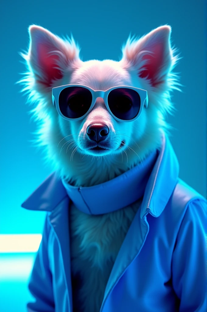 The best cell phone wallpaper, Award-Winning Wallpaper, portrait photography, In the front view is a portrait of a cute dog wearing mid-1960s space age fashion, Side view photo, Shot with Canon EOS R5, Set a strong contrast that accentuates the subject, Fluorescent blue tone, Wearing a very modern coat and sunglasses is a modern 1960s style, Clothes all in one color, beautiful background