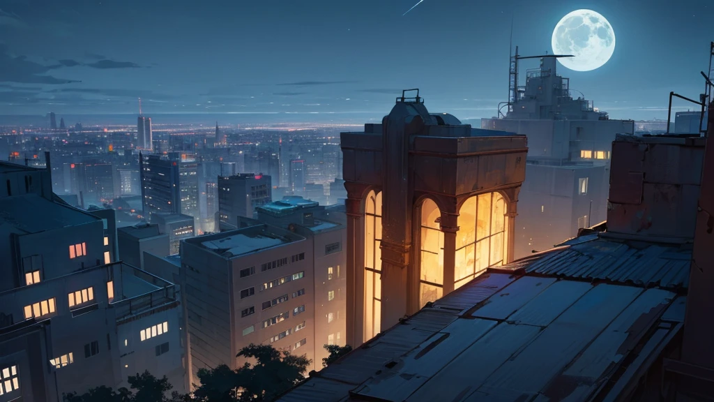 create a scene from the top of a building at night. in an abandoned city taken over by plants. the sky is clear and the moon is full.