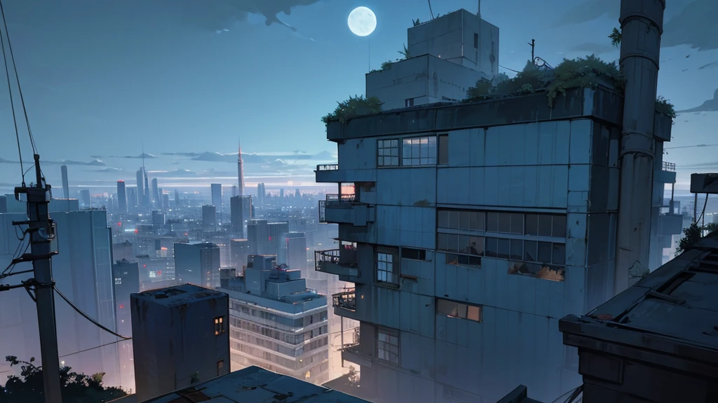 create a scene from the top of a building at night. in an abandoned city taken over by plants. the sky is clear and the moon is full.