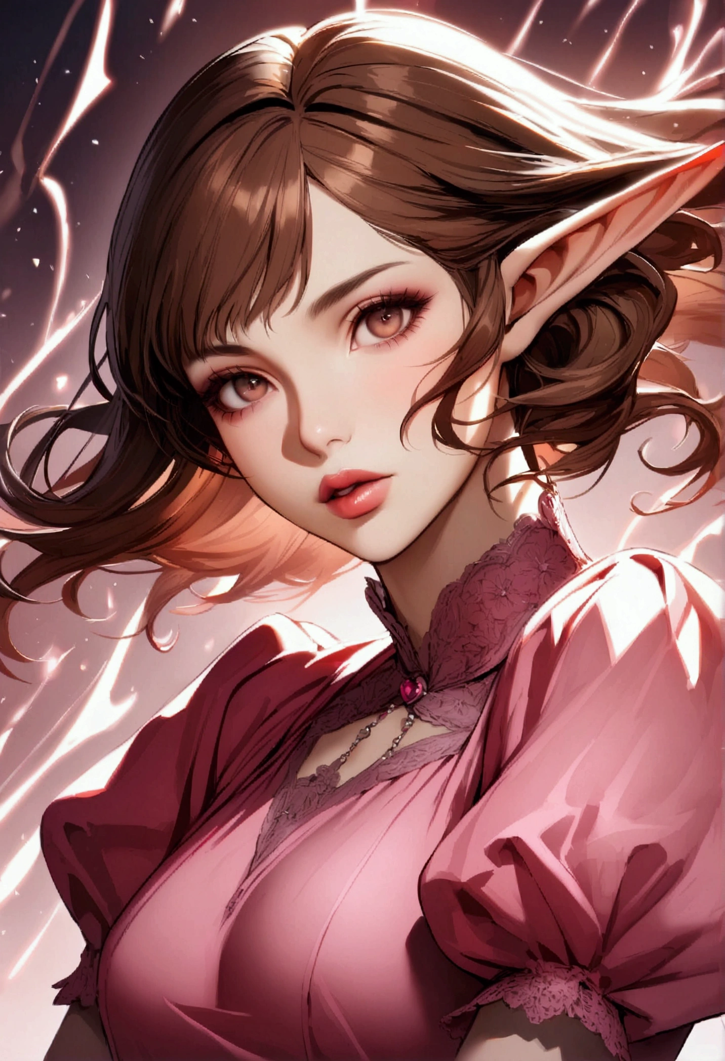 An adult woman, with brown hair, with bright brown eyes, Her lips are pink, She wears a pink dress with puffy sleeves, She has short elf ears