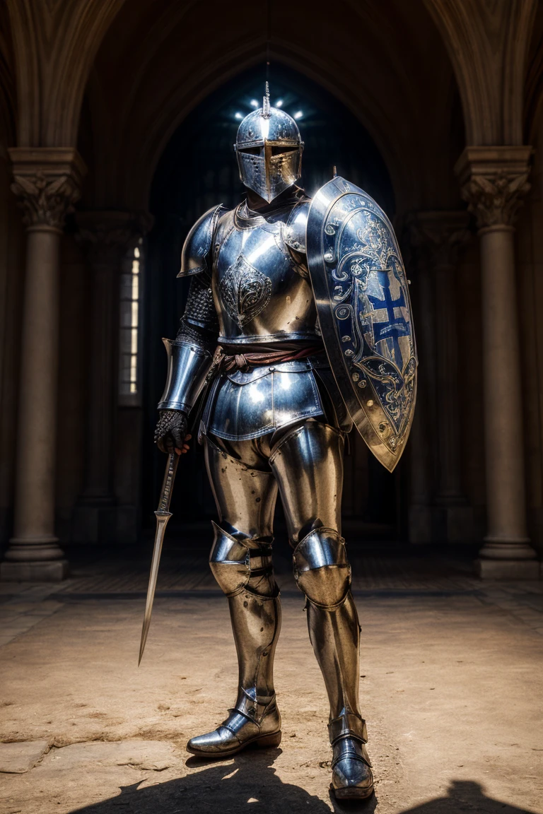 knight in full armor down to his boots with a Royal blue flag and shield, historical armor, armor made of steel, wearing full metal armour, polished steel armor, silver metal armor, suit of armor, ornate steel armour, medieval armor, wearing intricate steel armor, medieval armour, in a suit of armour, full steel armour, battle armour, wearing full armour, photorealistic, indirect lighting, volumetric light, ray tracing, hyper-detailed, best quality, ultra-high resolution, HDR, (8k, Best Quality, Masterpiece:1.2), Ultra Detail, RAW Photo, Super Resolution, Professional Photo, Extremely Detailed and Beautiful, professional lighting,