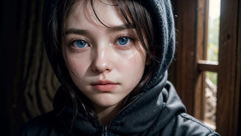 One woman, approximately 25 years old, in loose, lightweight black clothing, wearing a prominently visible balaclava. She has striking blue eyes, adding to the atmosphere. The woman is depicted from the waist up, in random, beautiful locations and in various natural poses. Her face and other visible parts of her body are rendered with maximum detail and high quality. The background and her pose are randomly generated, creating a unique and unpredictable scene with a sense of mystery and solitude. The image features soft, diffused lighting and a shallow depth of field, enhancing the overall mood.