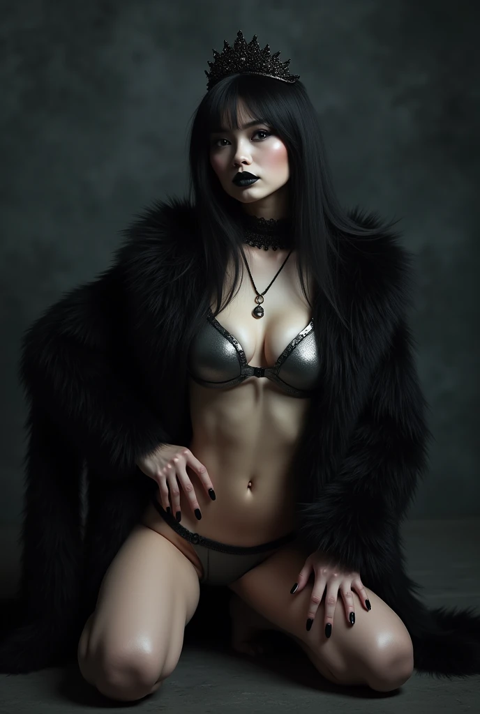 photograph, 1girl , solo, kneeling, cowboy shot, (from below:1.3), goth girl , sexy posing, hand on hip, legs spread, dark goth makeup, dark gray lip gloss, black fingernail polish, beautiful face, shiny black hair, black shawl, shaggy black fur coat open , silver latex bikini, (thigh gap:1.1), pale skin, thighs, skin dentation , contrapposto , black tiara, black jewelry, crown braid , dramatic lighting, rim lighting, photo realistic, detailed, moody dark background, volumetric fog,