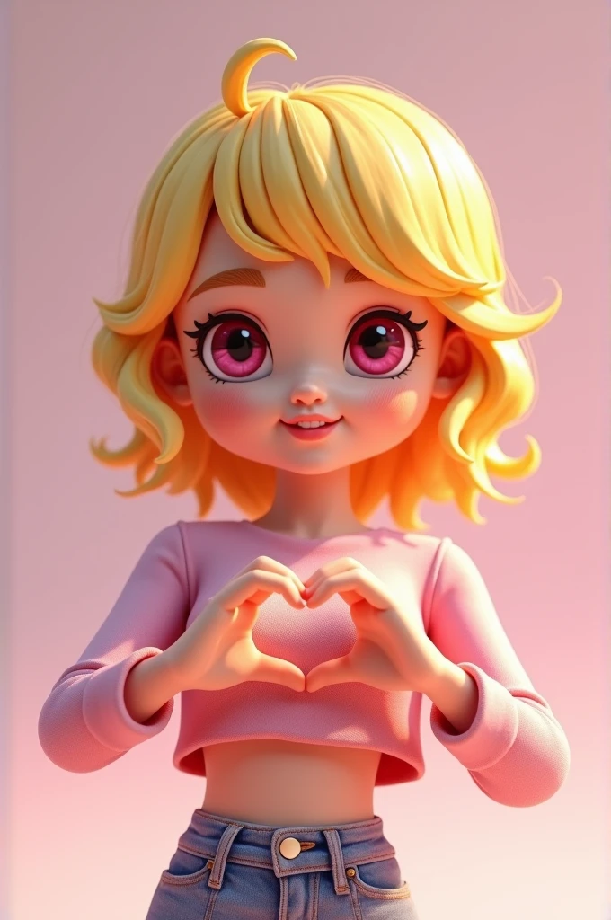 Roblox doll with blonde hair and short long-sleeved pink blouse making a heart