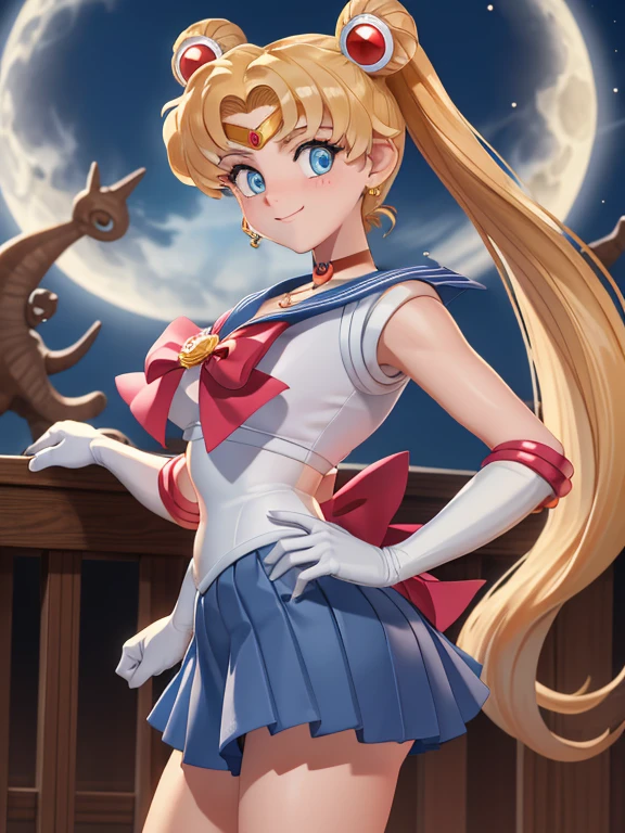 masterpiece, The best quality, absurdities, perfect anatomy, 1girl, only, SMMoon, 1990's \(style\), blonde sailor moon, Standing, They are smiling, cowboy shot, Uniforme Sailor Senshi, Sailor Necklace, blue skirt, elbow gloves, in back position, Show off your loot, Backwards, No hay tanga Big Booty, Ultra miniskirt ( back posture, Backwards, Show off your loot)