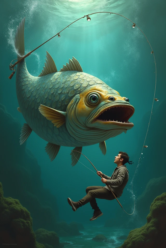 A fish catching a man with a fishing rod