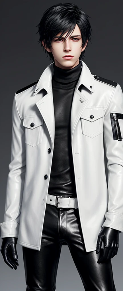 Final fantasy taste and reality graphics, Japanese young cute and cool ikemen boy, his age is early 20s, thin eyebrows and beady eyes, he wearing off white color leather thick material jacket, jacket is singlebrest, biker style jacket, with epaulet, jacket is long sleeve, must close the front of the leather jacket, , jacket is voluminous, ,must jacket is high length and stand-up collar with two belts, jacket is a little black color line pattern,close the front of the jacket, also wearing black thick material turtleneck lackluster shirts, tight black leather pants, shiny black leather tight and thin glove, black leather knee-high raceup boots,must views head-to-toe,must views whole body, boy looks like fashion model,Do not show skin from the neck down,leather jacket leather glove and leather pants have few wrinkles,boy in the room,Avoid showing your innerwear