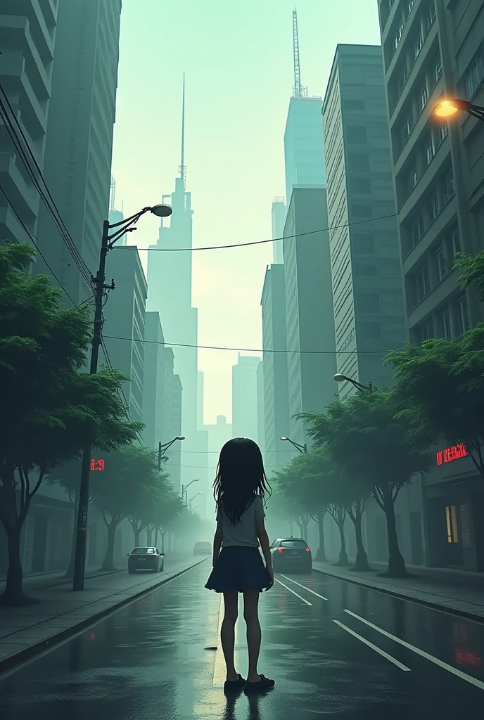 An urban City with buildings,high tech,roads and all with no plants and a girl standing who is very weak and sad,want food