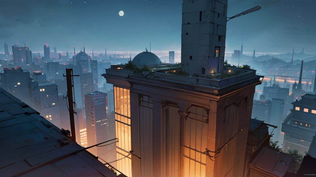 create a scene from the top of a building at night. in an abandoned city taken over by plants. the sky is clear and the moon is full.