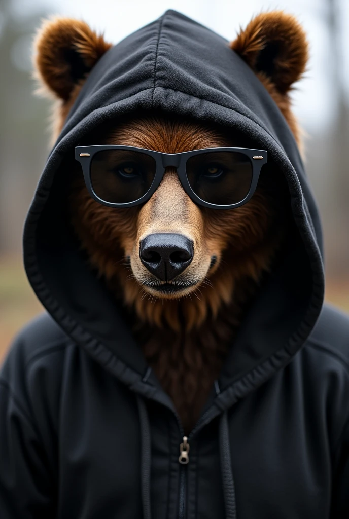 A grizzly bear in black hoodie and sunglasses,