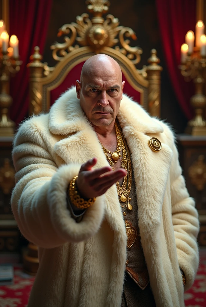 Create an ultra-realistic image of a bald man styled like 'Kingpin' from Spider-Man. He is white, wearing extravagant fur coats, lots of gold jewelry, and a gold watch. He is stretching his hand towards the camera, showing a coin. In the background, there should be a throne, money, gold, and other signs of opulence. The photo should be very realistic, as if taken by a professional Canon paparazzi camera with a Canon EOS 5D Mark IV, using a 50mm lens, an aperture of f/1.8 for a shallow depth of field, and a focus on the man's hand and coin, with the background slightly blurred.