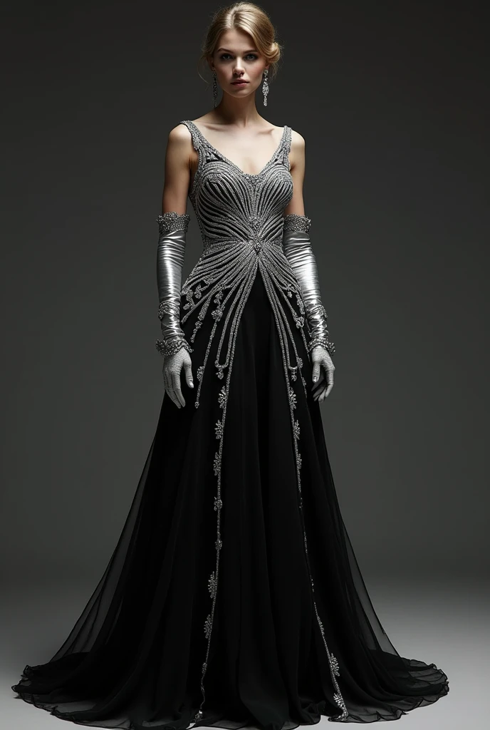 Black and white pageant dress with silver details and long gloves