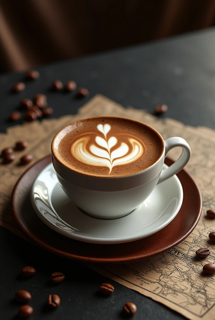 Create an image of a cup of coffee placed on a black table and that under the cup is the map of Honduras spread with coffee seeds and the cup of coffee has a brown plate as a cup holder and that the cup is white and the coffee in the cup is a mocha coffee that has the figure of a swan