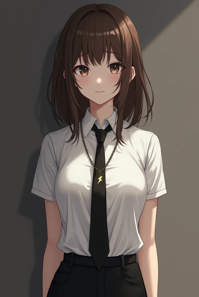 The mysterious anime woman has brown hair, that falls in soft waves on your shoulders. Her clear eyes seem to see beyond what is in front of her., as if they were scanning a secret code. his face is pale, with delicate features and a straight nose.
Wear tight black pants, that highlights her slender figure. The white t-shirt he wears under the black tie, gives it a touch of elegance and sophistication. The black tie, perfectly knotted, adds an air of mystery and authority.
The necklace around her neck is tight and has a drawing of a flash of a star.. It's like he's carrying a secret around his neck, waiting to be discovered.