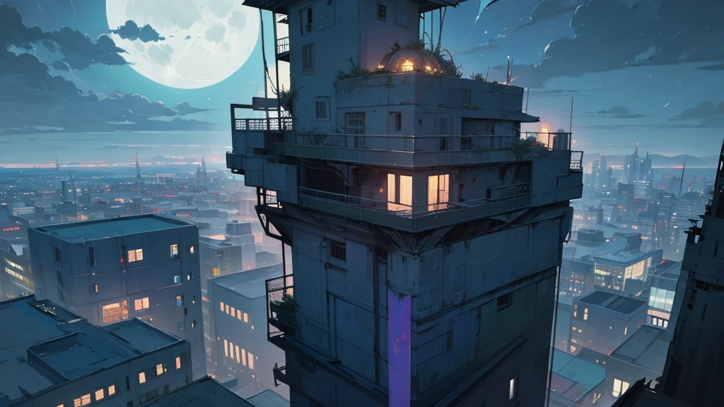 create a scene from the top of a building at night. in an abandoned city taken over by plants. the sky is clear and the moon is full.