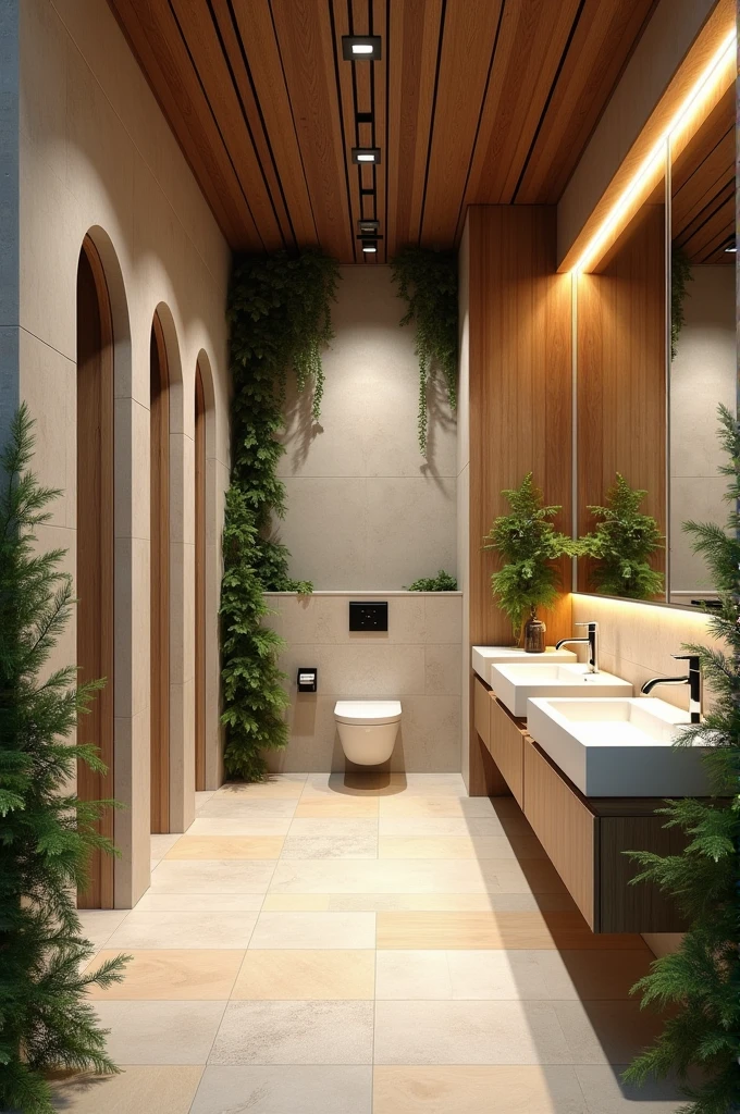 Design a modern bathroom for a shopping center 6 meters wide by 15 meters long with nature-type decorations