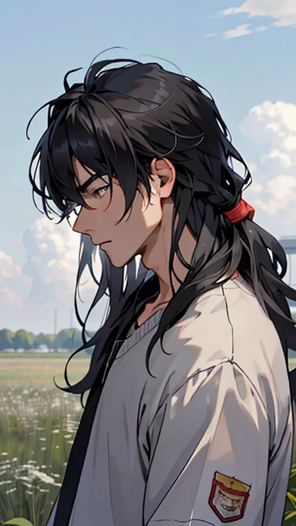 (masterpiece), best quality, ((high quality)), 1boy, beautiful face, handsome, black hair, long hair, wave hair, bangs over eyes, gray eyes, upper body, profile, looking forward, 18 years old boy, casual clothes , university, field, modernity, portrait,