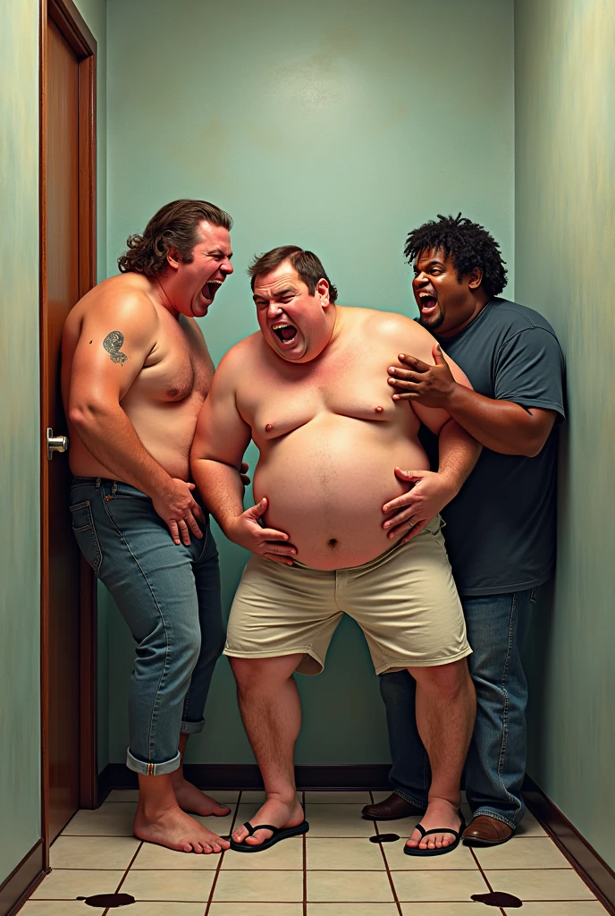 (three men), (three people), (((clutching their crotches))), (((One Adam Hicks banging on the bathroom door))), (urine visible), (((One Jack Black clutching both hands around his crotch))), (((cracked teeth, desperate))), (((One Kenan Thompson clumping his legs in desperation)))