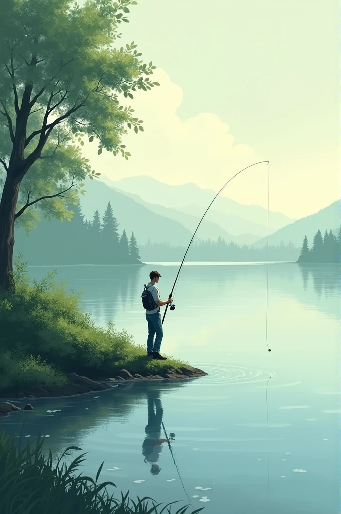 Fish at the edge of a lake with a fishing rod fishing a man