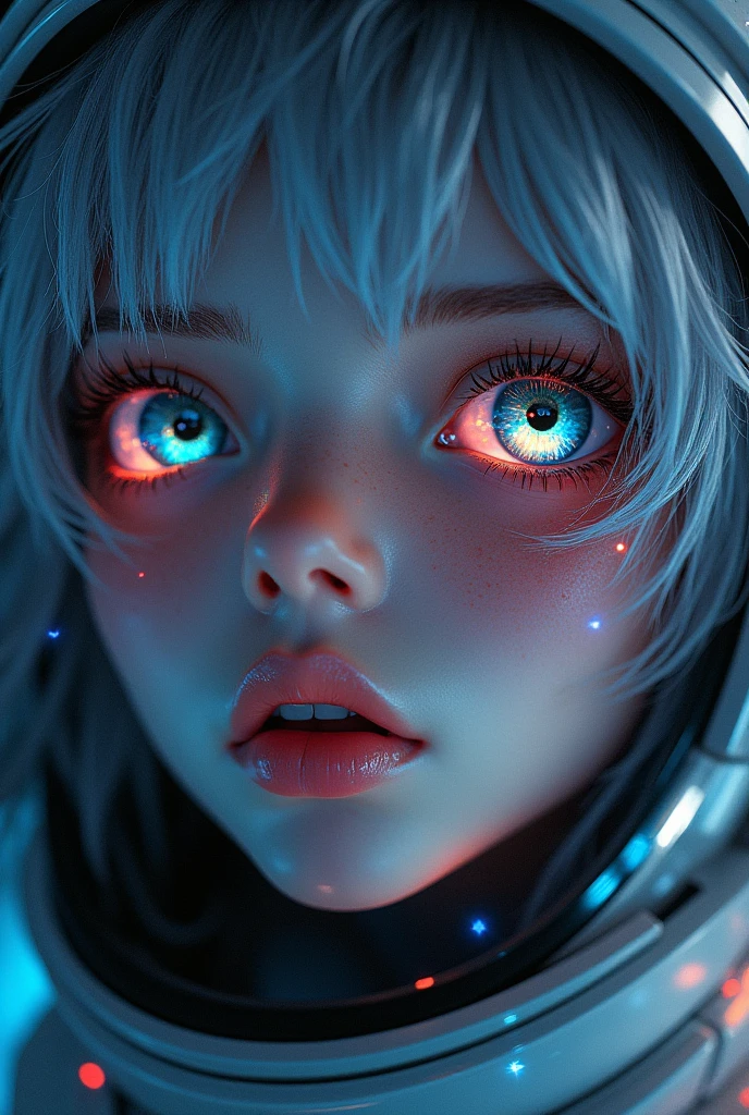 (Close-up of a better masterpiece:1.5)0.9], (Space and astronauts:1.2) (Messy silver hair:1.1) (Heterochromia xanthochromia and blue eyes:1.2) (Space Helmet:1.0) (Colored stars in the eyes:1.0) (A radiant glow:1.1) (thick lips:0.9)