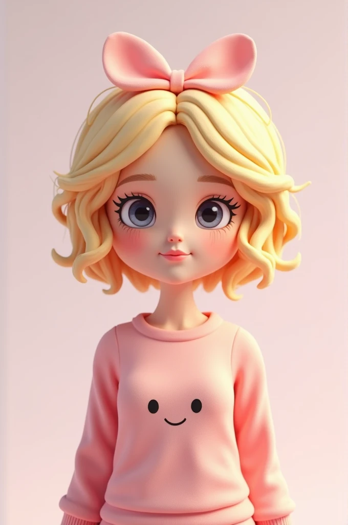 A Roblox doll wearing a long-sleeved pink blouse with short blonde hair forming a heart