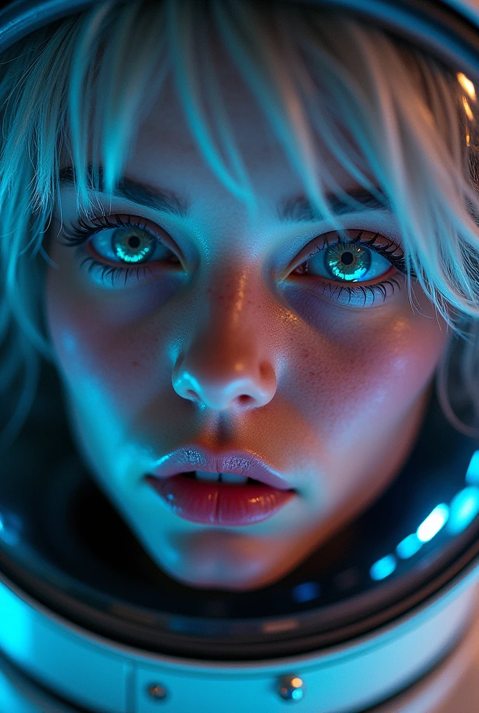 (Close-up of a better masterpiece:1.5)0.9], (Space and astronauts:1.2) (Messy silver hair:1.1) (Heterochromia xanthochromia and blue eyes:1.2) (Space Helmet:1.0) (Colored stars in the eyes:1.0) (A radiant glow:1.1) (thick lips:0.9)