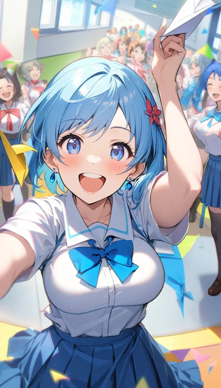 1woman,matured,matured face,detailed blue eyes,short bright blue hair,detailed japanese school uniform,blue school skirt,white school shirt,blue bowtie,blue earrings,joyful expression,happy, positive, colourful classroom,hourglass figure,paper plane,idol pose,