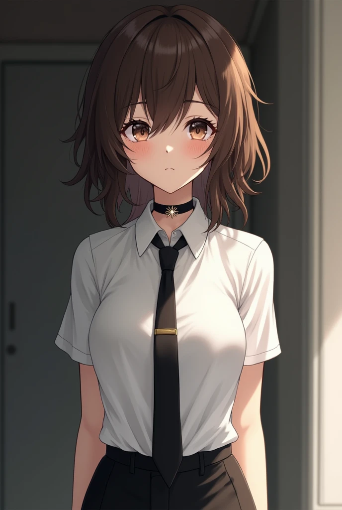The mysterious anime woman has brown hair, that falls in soft waves on your shoulders. Her clear eyes seem to see beyond what is in front of her., as if they were scanning a secret code. his face is pale, with delicate features and a straight nose.

Wear tight black pants, that highlights her slender figure. The white t-shirt he wears under the black tie, gives it a touch of elegance and sophistication. The black tie, perfectly knotted, adds an air of mystery and authority.

The necklace around her neck is tight and has a drawing of a flash of a star.. It&#39;s like he&#39;s carrying a secret around his neck, waiting to be discovered.