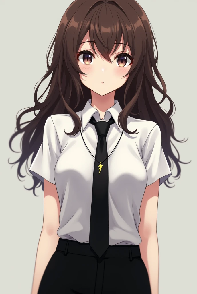 The mysterious anime woman has brown hair, that falls in soft waves on your shoulders. Her clear eyes seem to see beyond what is in front of her., as if they were scanning a secret code. his face is pale, with delicate features and a straight nose.

Wear tight black pants, that highlights her slender figure. The white t-shirt he wears under the black tie, gives it a touch of elegance and sophistication. The black tie, perfectly knotted, adds an air of mystery and authority.

The necklace around her neck is tight and has a drawing of a flash of a star.. It&#39;s like he&#39;s carrying a secret around his neck, waiting to be discovered.