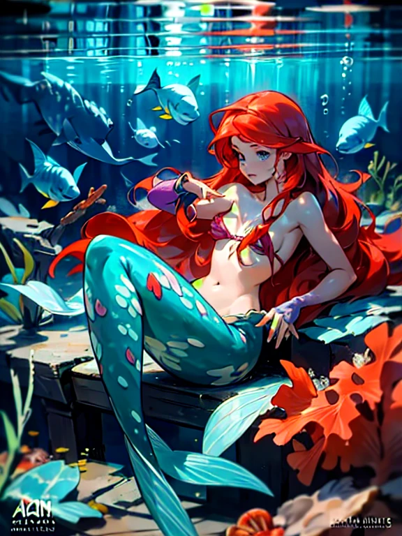 nsfw, thick outlines, comics, photorealistic, perfect hands, masterpiece:1.2, colorful, underwater palace, , ocean, fishs, shark, ruins, octopus, coral, 1 girl, solo, dynamic pose, long hair, red hair, (shell bikini), (Mermaid tail), medium breast, detailed background, detailed face, detailed eyes,