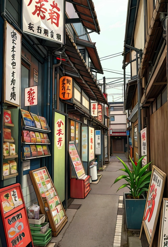 พื้นหลังanime, empty, Compact Japanese city streets. anime, anime style. Vending machine, rubbish bin, plant pot, pipeระบายน้ำ, Air vents, trough, pipe, wire, Large Japanese shop sign, Retro Japanese shop signs. (no one :1), no one in sight. , Ramen Shop