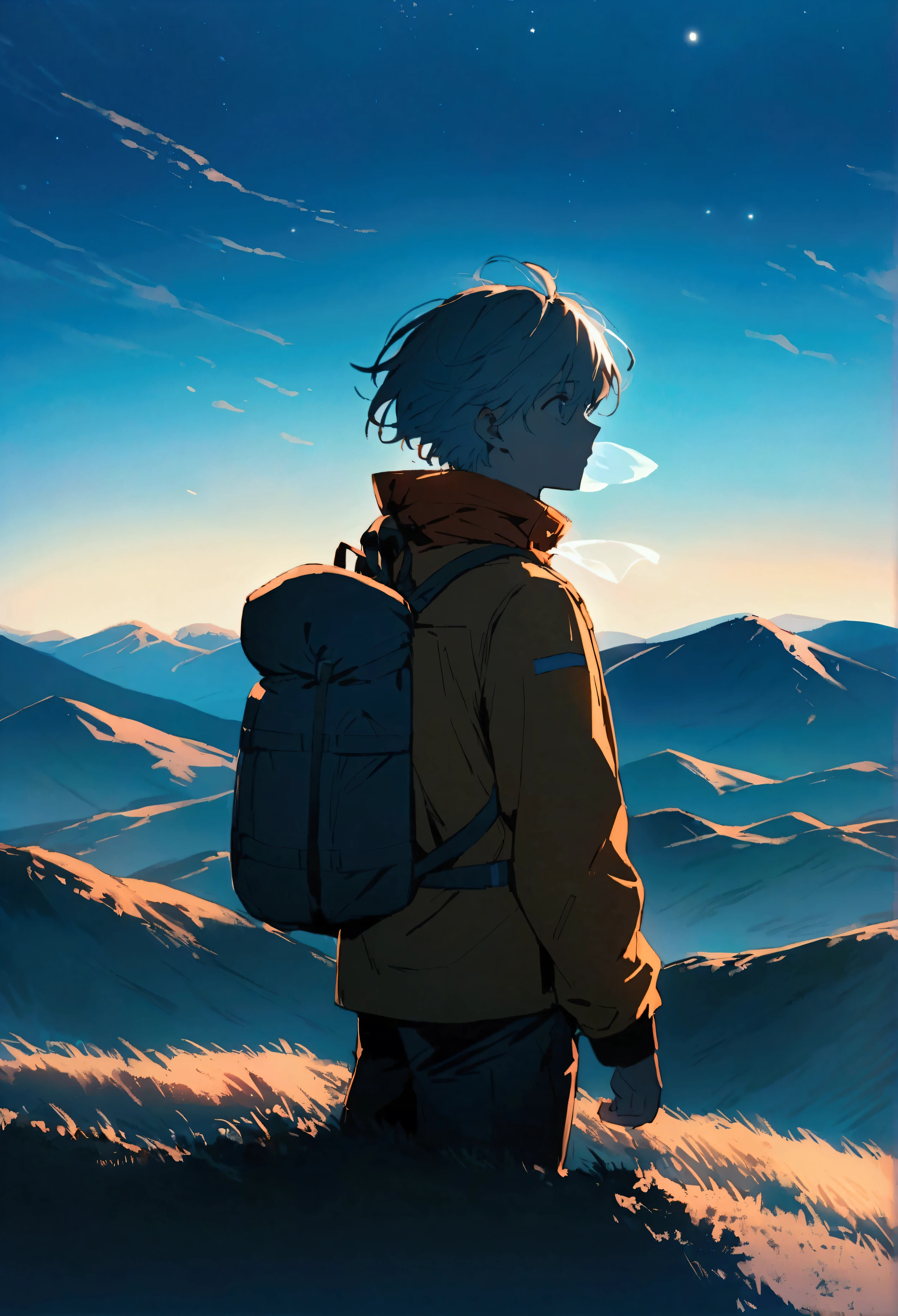 Design a breathtaking anime scene of a male character standing on a mountain peak, gazing out at a vast landscape of rolling hills, distant mountains, and a clear blue sky. The character should be dressed in hiking gear, with their hair gently blowing in the wind, capturing a moment of reflection