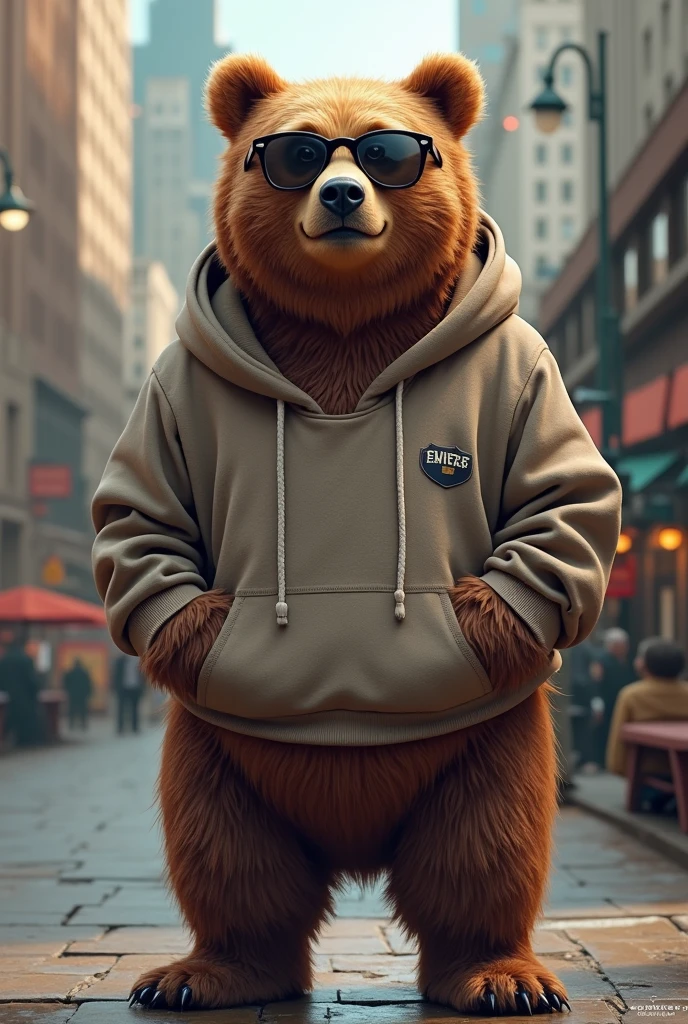 A grizzly bear wearing hoodie and sunglasses while smiling 