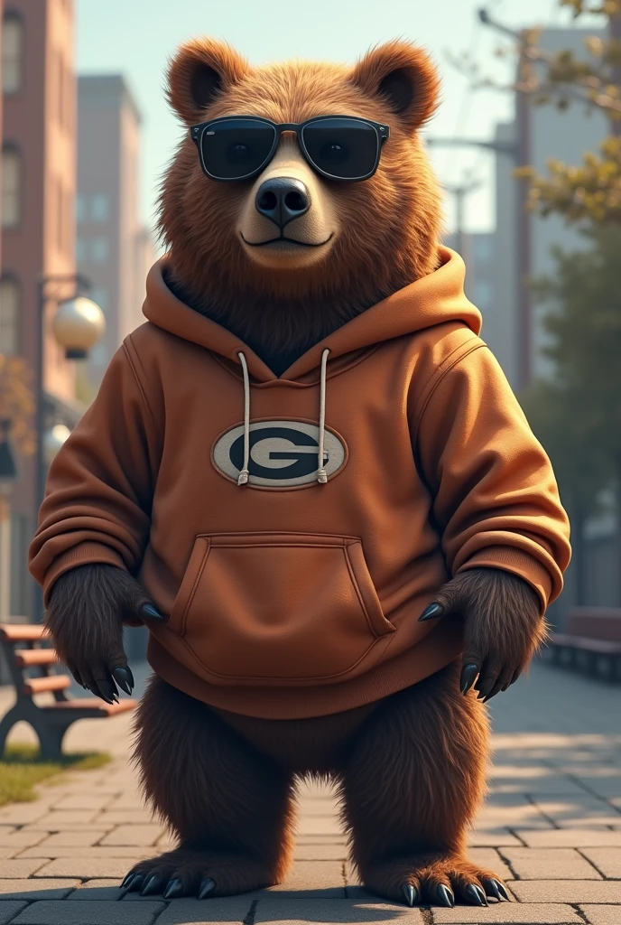 A grizzly bear wearing hoodie and sunglasses while smiling
