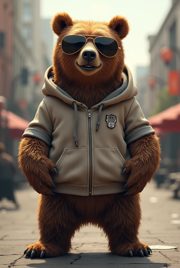 A grizzly bear wearing hoodie and sunglasses while smiling