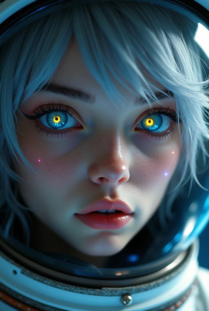 (Close-up of a better masterpiece:1.5)0.9], (Space and astronauts:1.2) (Messy silver hair:1.1) (Heterochromia xanthochromia and blue eyes:1.2) (Space Helmet:1.0) (Colored stars in the eyes:1.0) (A radiant glow:1.1) (thick lips:0.9)