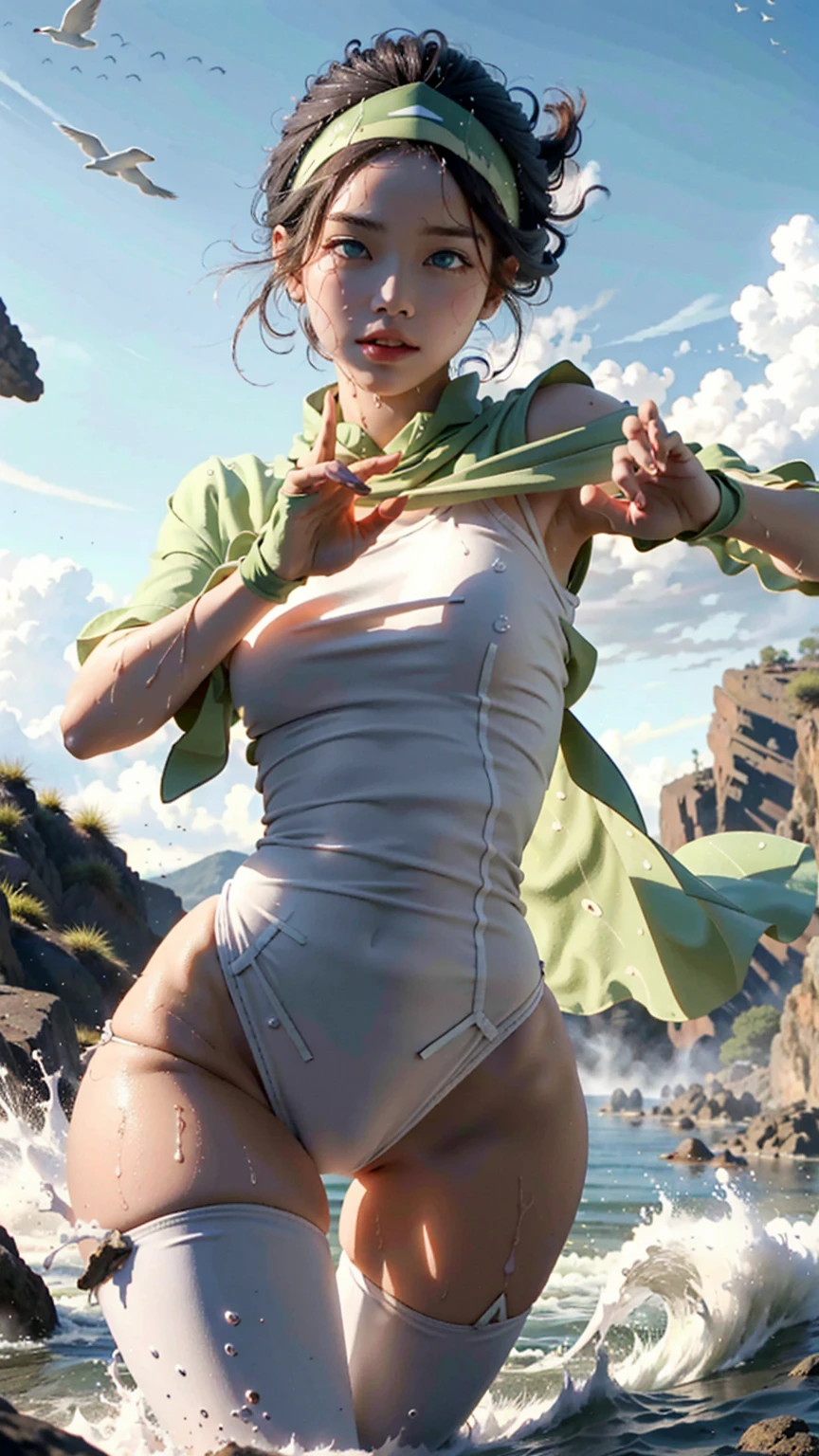 masterpiece, bezel, bandana , Sexual, body sexy pose, ideal figure, wide pelvis , green, white eyes , wet, Movement, earthbender , fighting stance , очень wet, wet киска