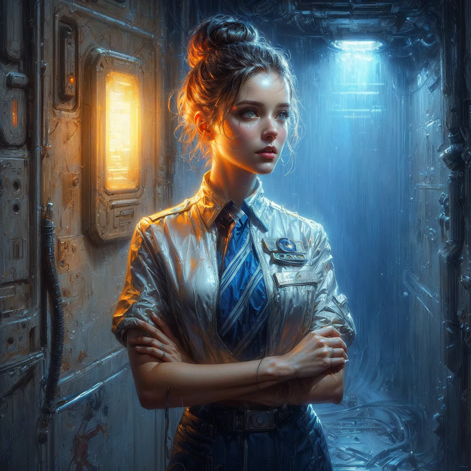 there is a woman in a uniform standing in a room, wojtek fus, stefan koidl inspired, sci - fi pilot, sci-fi fantasy art, pilot girl, futuristic starship crew member, detailed sci-fi art, sci fi art, beautiful sci fi art, artgerm julie bell beeple, science fiction art, sci-fi art