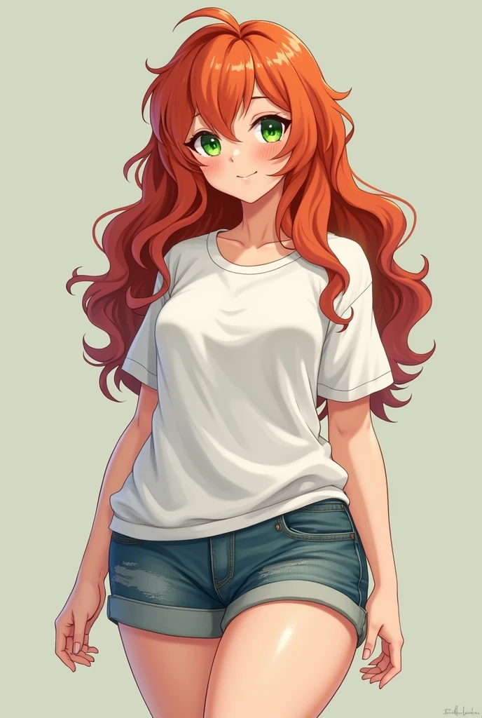 A young woman, with long curly orangeish red hair, green eyes, pale skin, and lots of freckles, massive and plump breasts, thick thighs, a plump and perfectly rounded ass, and I slim waist, wearing a oversized white T-shirt, and short shorts, cute, anime style,