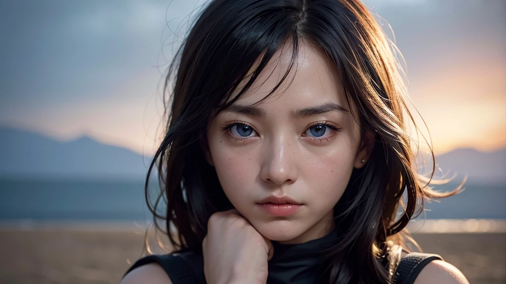 One woman, approximately 25 years old, in loose, lightweight black clothing, wearing a prominently visible balaclava. She has striking blue eyes, adding to the atmosphere. The woman is depicted from the waist up, in random, beautiful locations and in various natural poses. Her face and other visible parts of her body are rendered with maximum detail and high quality. The background and her pose are randomly generated, creating a unique and unpredictable scene with a sense of mystery and solitude. The image features soft, diffused lighting and a shallow depth of field, enhancing the overall mood.