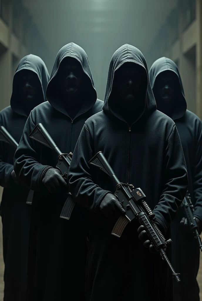 Four man's standing together holding a gun with unknown face mask