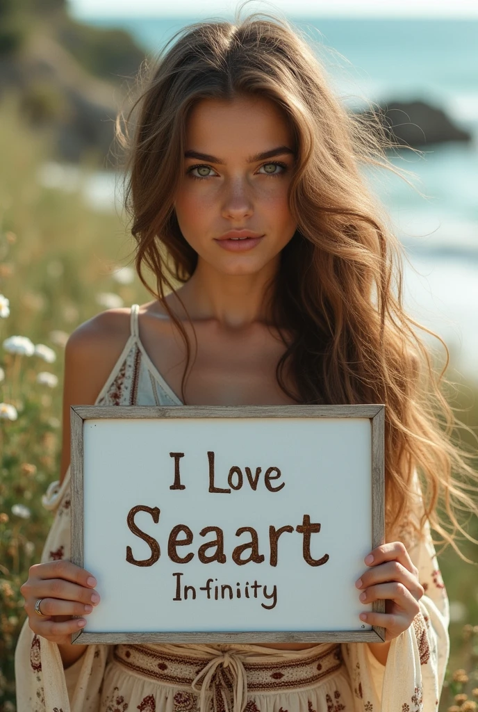 Beautiful girl with wavy long hair, bohemian dress, holding a white board with text "I Love Seaart Infinity" and showing it to the viewer